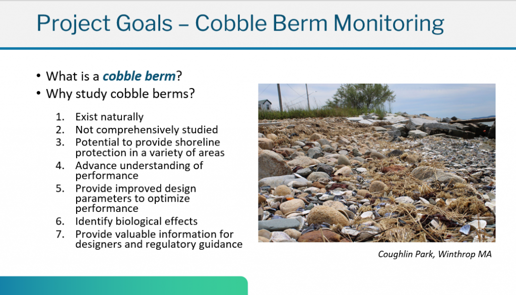 Presentation slide titled Project Goals - Cobble Berm Monitoring